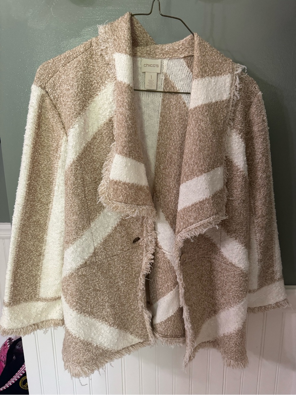 Chico's Cream and Taupe Textured Open-Front Sweater Jacket